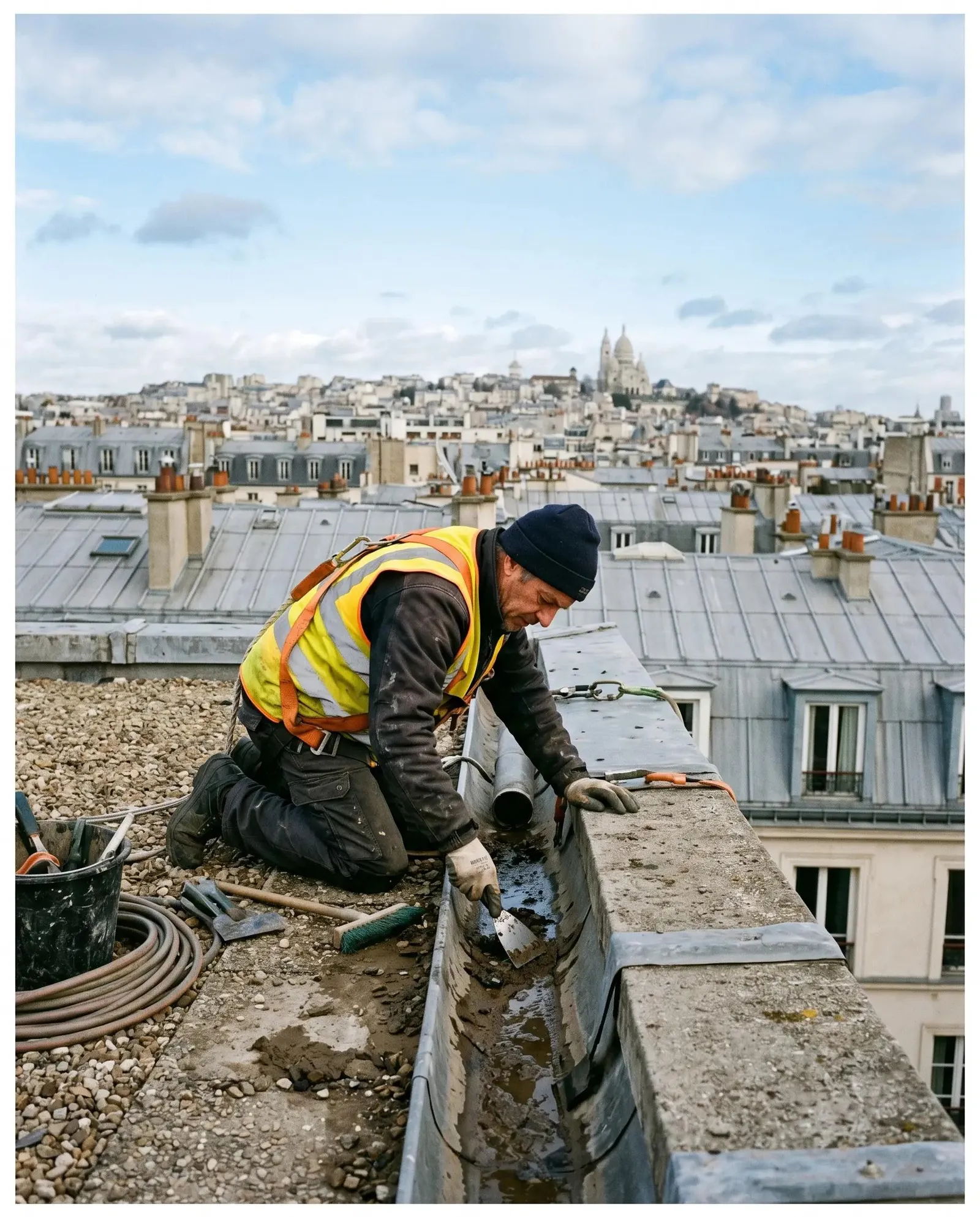 Plombier intervenant sur les toits de Paris au-dessus des Batignolles dans le 17e